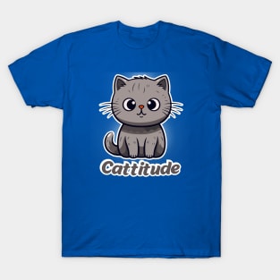 Gray Cat with "Cattitude" - Sleek and Bold T-Shirt